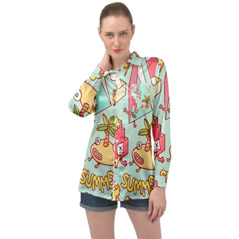 Summer Up Cute Doodle Long Sleeve Satin Shirt by Bedest