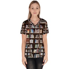 Book Collection In Brown Wooden Bookcases Books Bookshelf Library Women s V-neck Scrub Top by Ravend