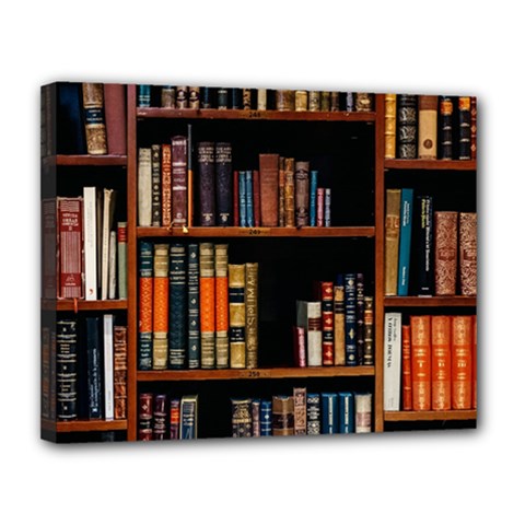 Assorted Title Of Books Piled In The Shelves Assorted Book Lot Inside The Wooden Shelf Canvas 14  X 11  (stretched) by Ravend