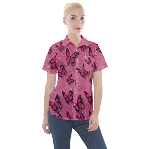 Pink Glitter Butterfly Women s Short Sleeve Pocket Shirt by Ndabl3x