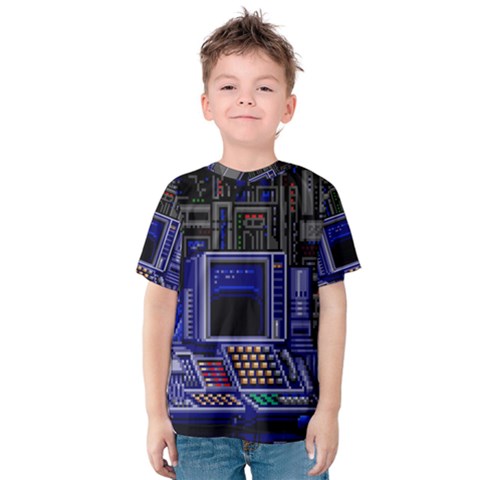 Blue Computer Monitor With Chair Game Digital Art Kids  Cotton T-shirt by Bedest