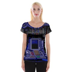Blue Computer Monitor With Chair Game Digital Art Cap Sleeve Top by Bedest
