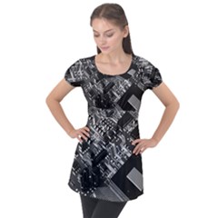 Black And Gray Circuit Board Computer Microchip Digital Art Puff Sleeve Tunic Top by Bedest