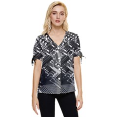 Black And Gray Circuit Board Computer Microchip Digital Art Bow Sleeve Button Up Top by Bedest