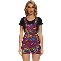 Psychedelic Digital Art Colorful Flower Abstract Multi Colored Short Overalls by Bedest