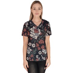 Flower Pattern Women s V-neck Scrub Top by Bedest