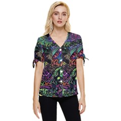 Trippy Dark Psychedelic Bow Sleeve Button Up Top by Sarkoni