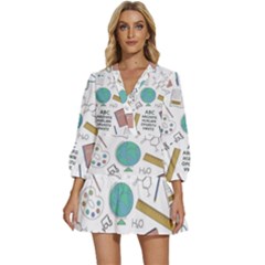 School Subjects And Objects Vector Illustration Seamless Pattern V-neck Placket Mini Dress by Grandong