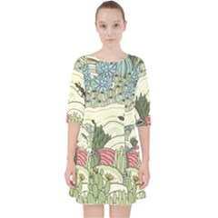 Playful Cactus Desert Landscape Illustrated Seamless Pattern Quarter Sleeve Pocket Dress by Grandong