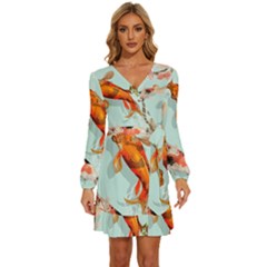 Koi Fish Long Sleeve Waist Tie Ruffle Velvet Dress by Grandong