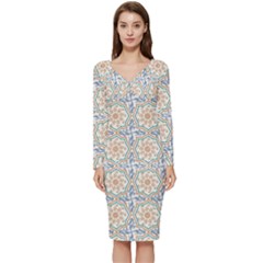 Ornaments Style Pattern Long Sleeve V-neck Bodycon Dress  by Grandong