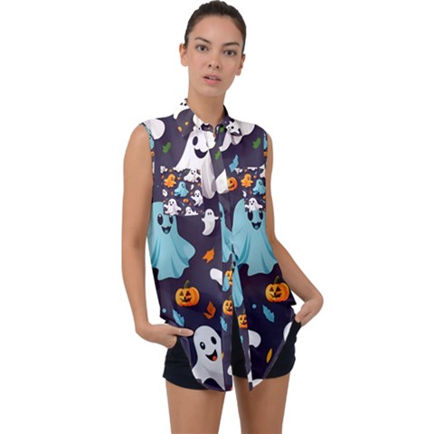 Ghost Pumpkin Scary Sleeveless Chiffon Button Shirt by Ndabl3x