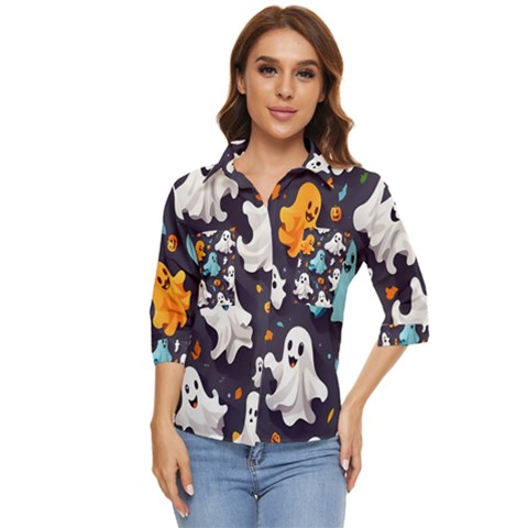 Ghost Pumpkin Scary Women s Quarter Sleeve Pocket Shirt by Ndabl3x