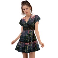Pixel Art City Flutter Sleeve Wrap Dress by Sarkoni