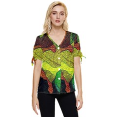 Colorful Autumn Leaves Texture Abstract Pattern Bow Sleeve Button Up Top by Grandong