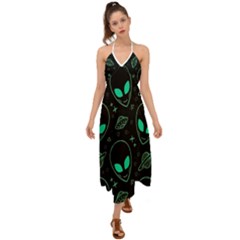 Alien Green Black Pattern Halter Tie Back Dress  by Ndabl3x
