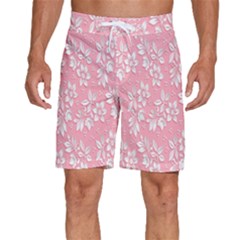 Pink Texture With White Flowers, Pink Floral Background Men s Beach Shorts by nateshop