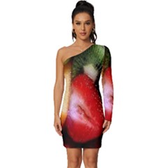 Fruits, Food, Green, Red, Strawberry, Yellow Long Sleeve One Shoulder Mini Dress by nateshop