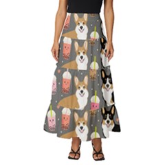 Welsh Corgi Dog Boba Tea Bubble Kawaii Tiered Ruffle Maxi Skirt by Grandong