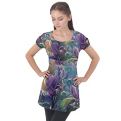 Abstract Blossoms  Puff Sleeve Tunic Top by Internationalstore