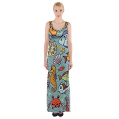 Cartoon Underwater Seamless Pattern With Crab Fish Seahorse Coral Marine Elements Thigh Split Maxi Dress by uniart180623