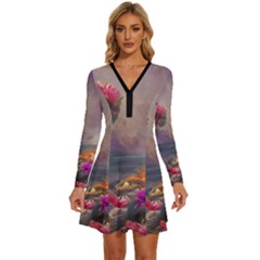 Floral Blossoms  Long Sleeve Deep V Mini Dress  by Internationalstore