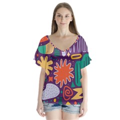Colorful Shapes On A Purple Background V-neck Flutter Sleeve Top by LalyLauraFLM