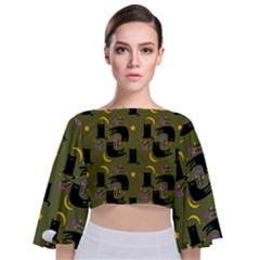 Cat Cartoon Cats Animal Pattern Tie Back Butterfly Sleeve Chiffon Top by Pakjumat