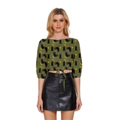 Cat Cartoon Cats Animal Pattern Mid Sleeve Drawstring Hem Top by Pakjumat