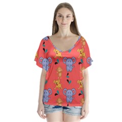 Elephant Monkey Dog Cartoon V-neck Flutter Sleeve Top by Pakjumat