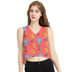 Elephant Monkey Dog Cartoon V-neck Cropped Tank Top by Pakjumat