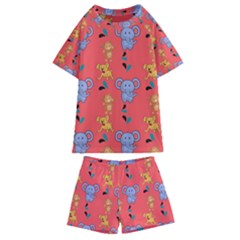 Elephant Monkey Dog Cartoon Kids  Swim T-shirt And Shorts Set by Pakjumat