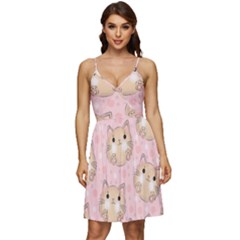 Cat Pattern Pink Cartoon V-neck Pocket Summer Dress  by Pakjumat