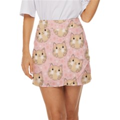 Cat Pattern Pink Cartoon Mini Front Wrap Skirt by Pakjumat
