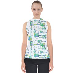 Guitars Music Notes Seamless Pattern Mock Neck Shell Top by Pakjumat