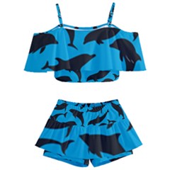 Dolphin Silhouette Pattern Kids  Off Shoulder Skirt Bikini by Pakjumat