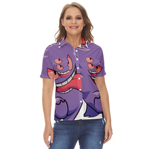 Purple Funny Monster Women s Short Sleeve Double Pocket Shirt by Sarkoni