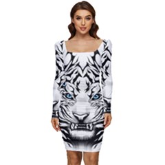White And Black Tiger Women Long Sleeve Ruched Stretch Jersey Dress by Sarkoni
