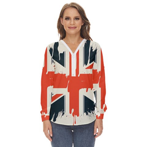 Union Jack England Uk United Kingdom London Zip Up Long Sleeve Blouse by uniart180623