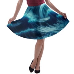 Moonlight High Tide Storm Tsunami Waves Ocean Sea A-line Skater Skirt by uniart180623