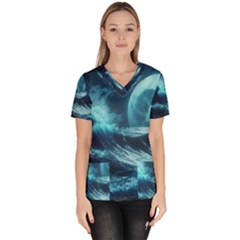 Moonlight High Tide Storm Tsunami Waves Ocean Sea Women s V-neck Scrub Top by uniart180623