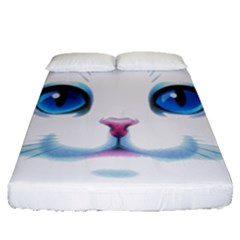 Cute White Cat Blue Eyes Face Fitted Sheet (queen Size) by Ket1n9