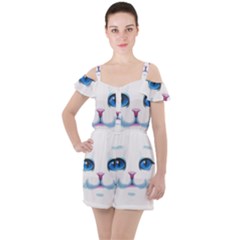 Cute White Cat Blue Eyes Face Ruffle Cut Out Chiffon Playsuit by Ket1n9
