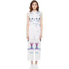 Cute White Cat Blue Eyes Face Women s Frill Top Chiffon Jumpsuit by Ket1n9