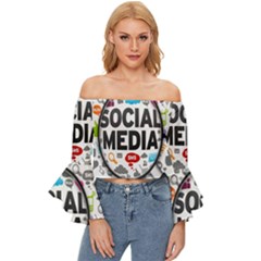 Social Media Computer Internet Typography Text Poster Off Shoulder Flutter Bell Sleeve Top by Ket1n9