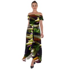 Bright Peppers Off Shoulder Open Front Chiffon Dress by Ket1n9