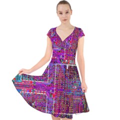 Technology Circuit Board Layout Pattern Cap Sleeve Front Wrap Midi Dress by Ket1n9