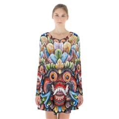 Wood Sculpture Bali Logo Long Sleeve Velvet V-neck Dress by Ket1n9