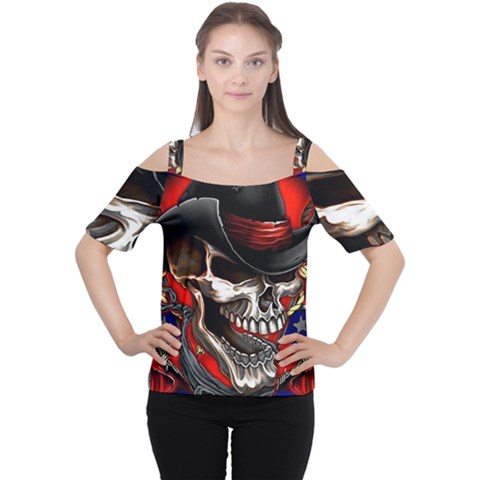 Confederate Flag Usa America United States Csa Civil War Rebel Dixie Military Poster Skull Cutout Shoulder T-shirt by Ket1n9