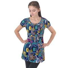 Cartoon-hand-drawn-doodles-on-the-subject-of-space-style-theme-seamless-pattern-vector-background Puff Sleeve Tunic Top by Ket1n9